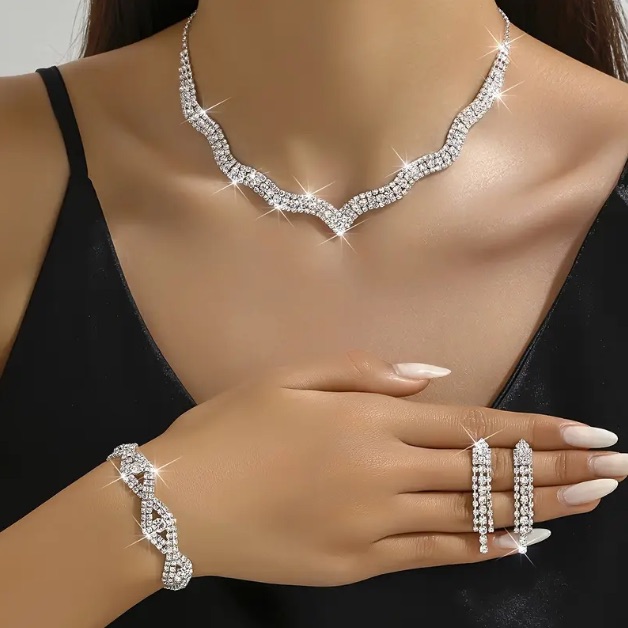 4 Pc Sterling Silver Rhinestone Squiggly Dangling Earrings Necklace Bracelet Set
